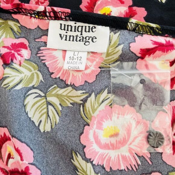 Unique Vintage Floral Pink and Black midi/maxi Dress w/sweetheart neck size L - Picture 8 of 8